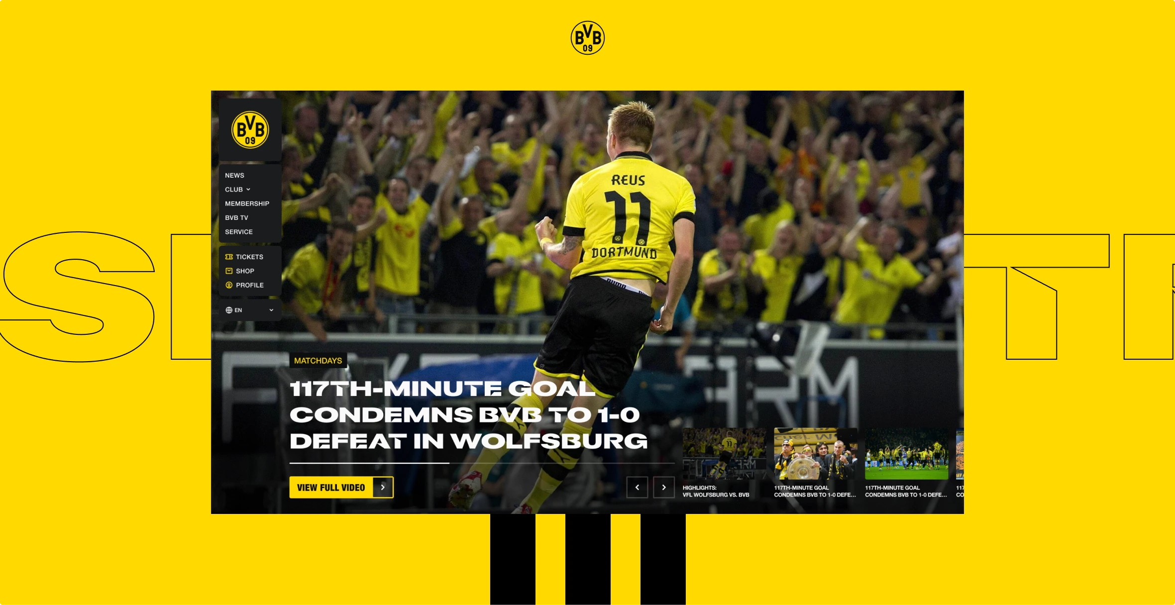 Homepage concept led by match video, related coverage and a persistent service rail.