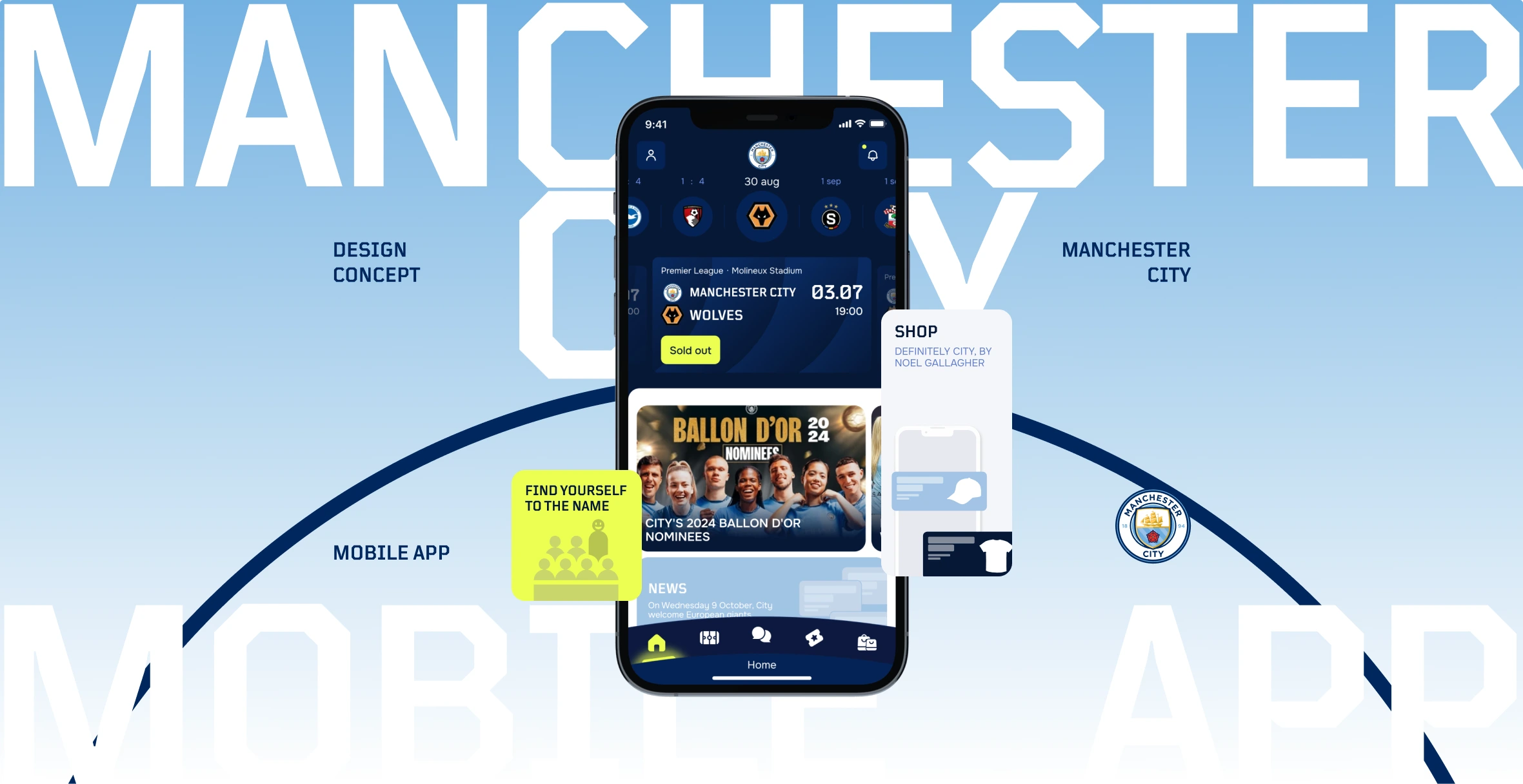 Mobile home screen concept with a fixture card, editorial feed and persistent navigation.